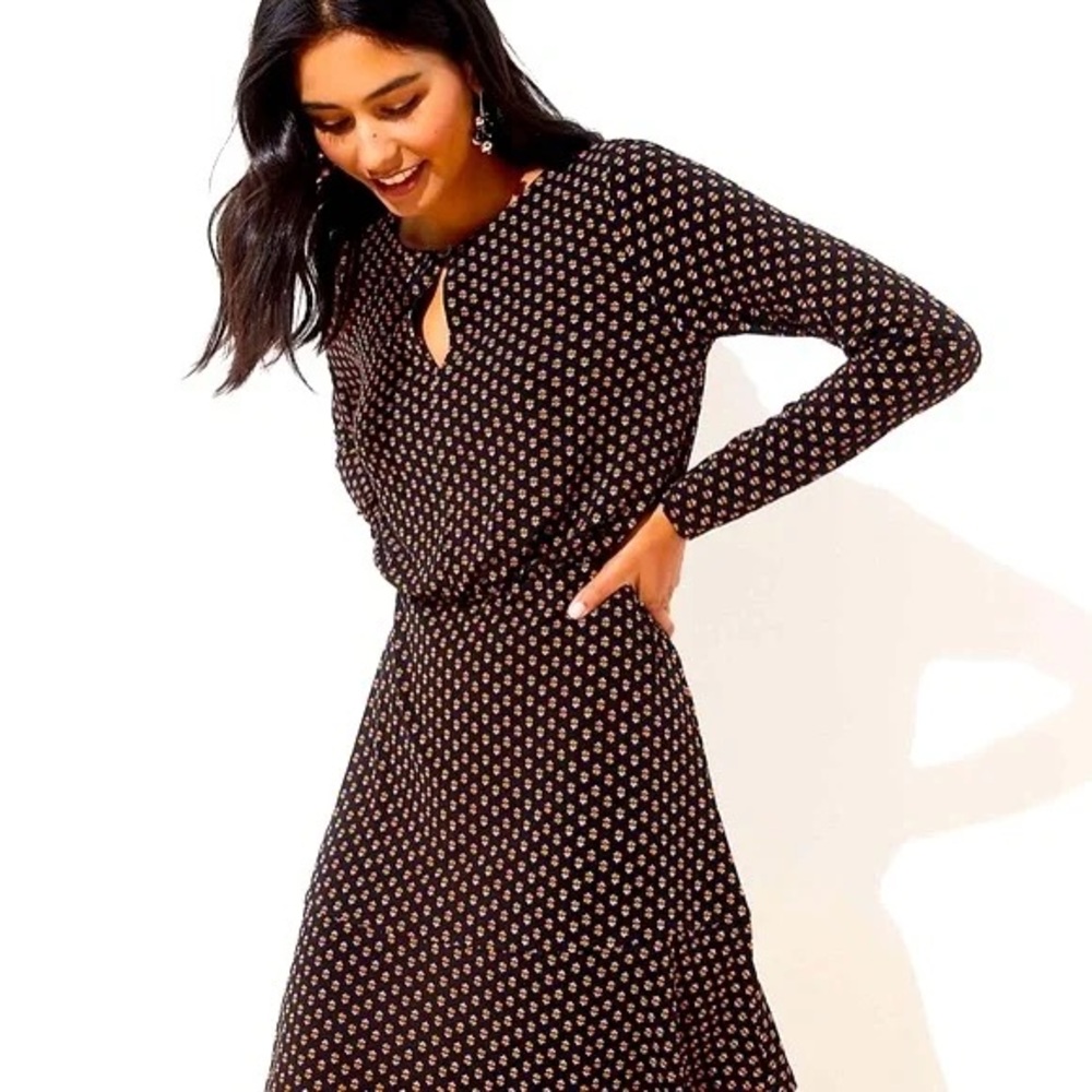 Loft bloom keyhole flounce long sleeve floral dress black size 8 petite